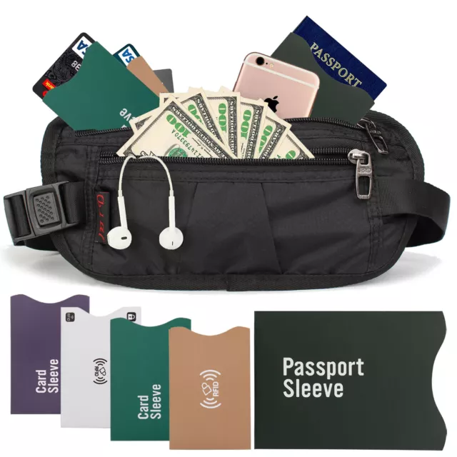 Money Belt Travel Bag Secure Waist Zip Pouch RFID-Blocking Card/Passport Sleeves