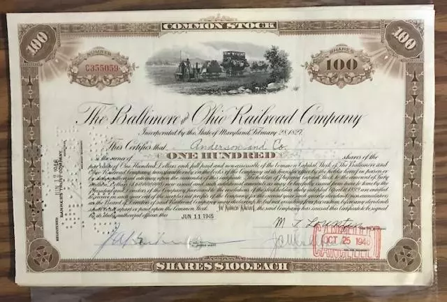 1940's 100 SHARES BALTIMORE AND OHIO RAILROAD COMPANY STOCK CERTIFICATE