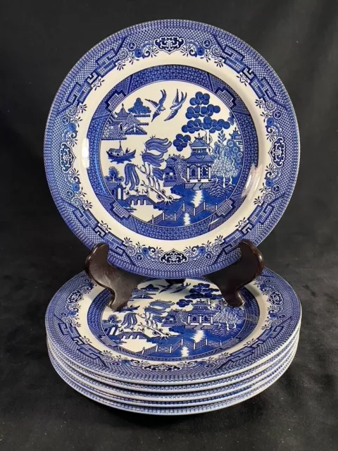 Set of 6 Churchill Blue Willow  10 1/4" dinner Plates Staffordshire England. EUC