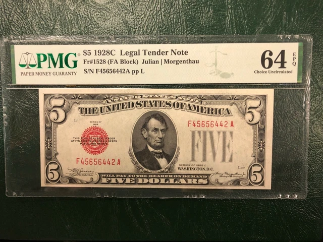 1928C $5 Legal Tender Note FR# 1528 FA Block PMG Graded 64 Choice Uncirculated