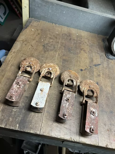 Antique Old Myers Stay On Ok Cast Iron Barn Door Rollers Hangers 2 Pairs 2 Sets