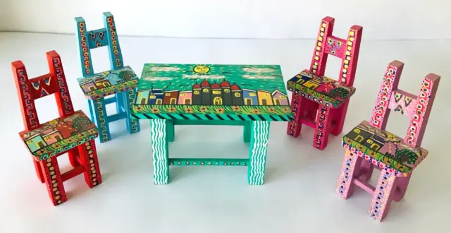Miniature Artisan Table & 4 Chairs Hand Painted OOAK Large Dollhouse Signed