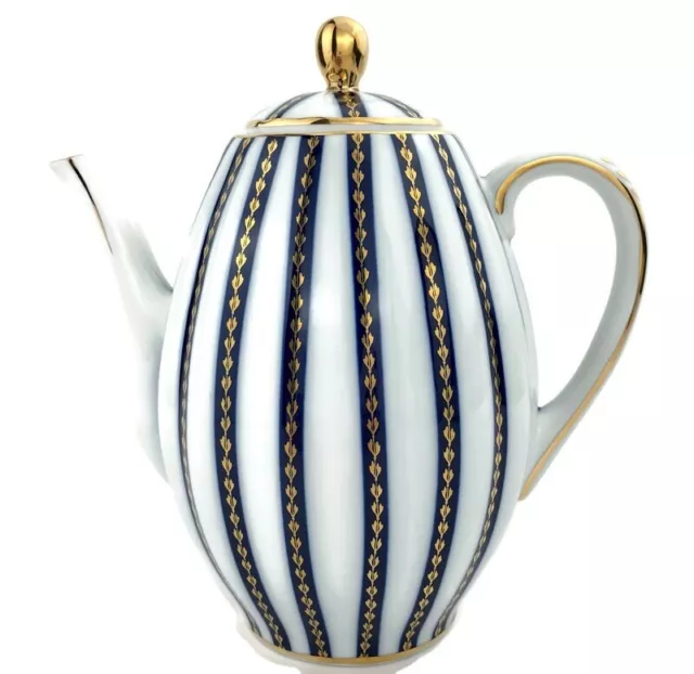 Royal Danube 1886 Coffee Pot White Cobalt Blue Gold Lines 4 Cups RDV2
