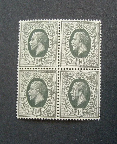 BLOCK OF 4 x GB GEORGE V INTERNATIONAL STAMP EXHIBITION CINDERELLA PUBLICITY