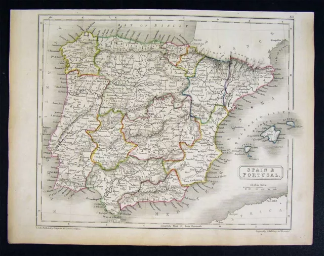 1844 Hall Map - Spain Portugal Gibraltar Lisbon Madrid