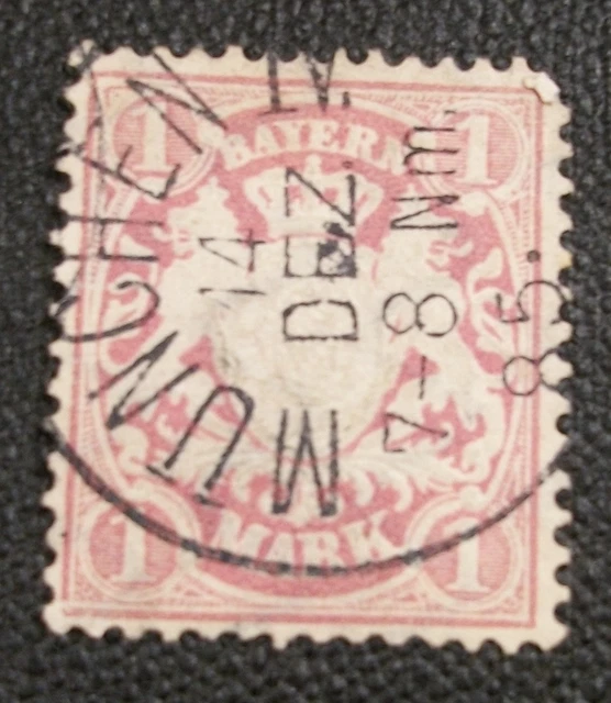 1881 1 Mark Bavaria Bayern German Stamp Pinkish Clear Munich Cancel WATERMARK