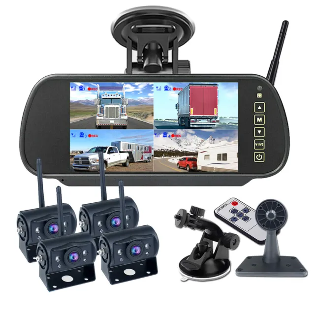 Wireless 7" Quad Mirror Monitor DVR 4 Backup Camera For Truck RV Caravan Trailer