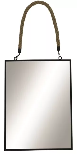 Grand Noir Miroir Mural Avec Rustique Corde 40cm x 30cm Métal Cadre