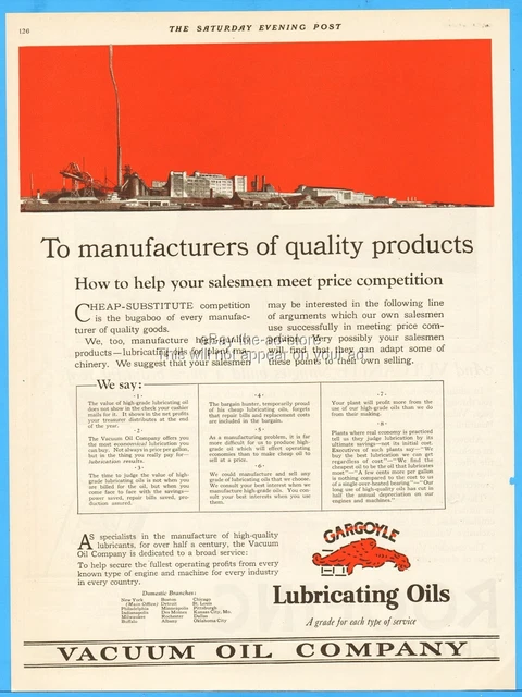 1923 Gargoyle Vacuum Lubricating Oils Manufacturers of Quality Products Print Ad