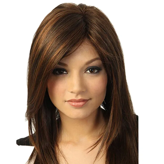 Women Natural Human Hair Wigs Dark Brown Long Straight Partial Bangs Ladies