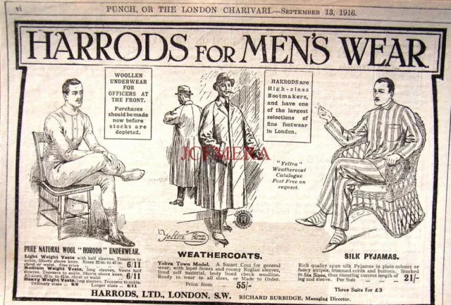 HARRODS for Men's Wear 1916 Clothing Advert Print - Original Antique WW1 AD