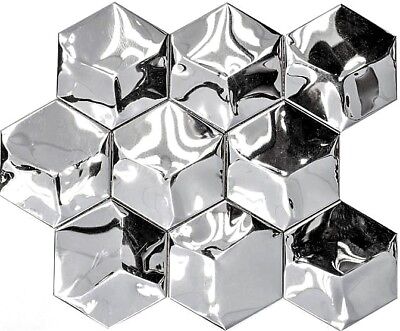 Mosaico Azulejo Hexagonal 3D Acero Brillante Pared Baño 129-HXM10SG_b | 1 Estera