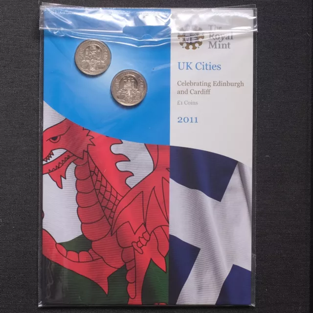 2 x 1 Pound Coin Set Cities Edinburgh Cardif Royal Mint Pack Brand New BUNC 2011