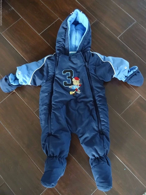 Baby Snowsuit 6/9 Month Infant Boy Winter Hood Detachable Mittens Blue One Piece
