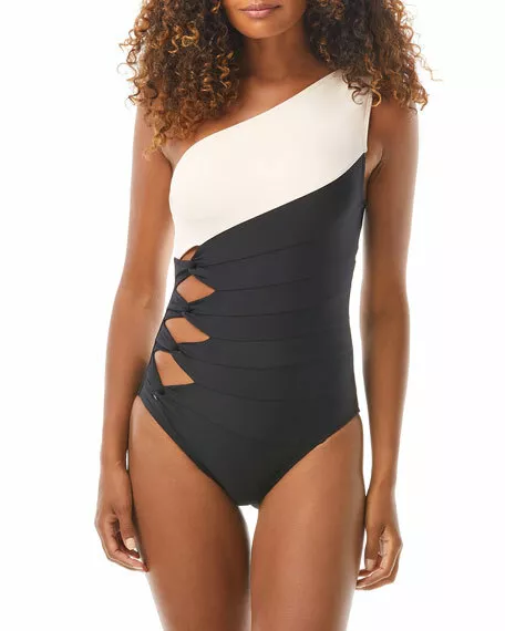 Carmen Marc Valvo BLACK Cutout One-Shoulder One-Piece Swimsuit, US 14