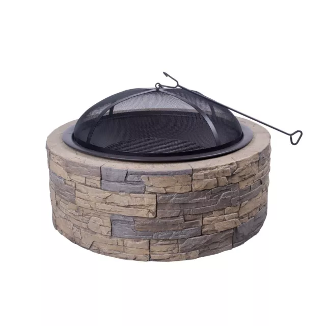 electriQ Cast Stone Round Base Wood Burning Garden Fire Pit - Brown eiqfpcstone