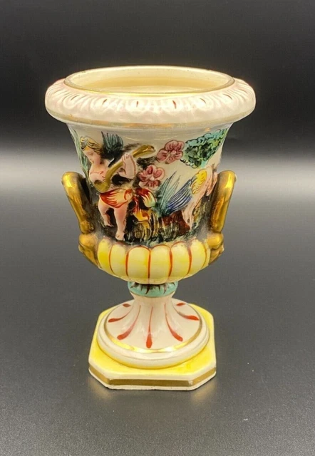 Capodimonte Italian Vase Urn Cherubs Hand painted Gold Tones 5" Tall Signed1836 
