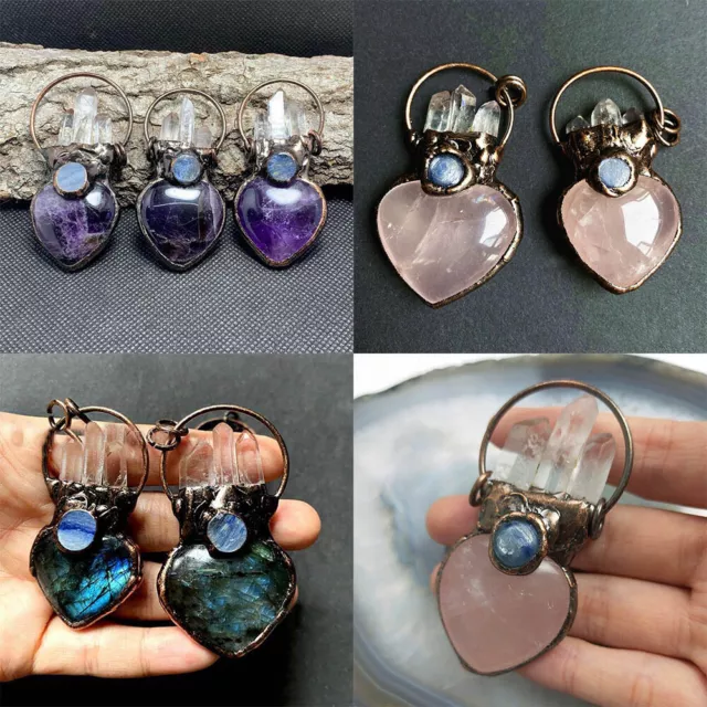 Natural Quartz Crystal Amethyst Labradorite Healing Heart Pendant Necklace Gifts