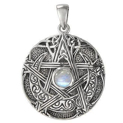 Moonstone Sterling Silver Moon Goddess Wiccan Pentacle Pentagram Witch Pendant