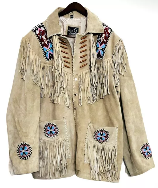 Mens Cowboy Western Leather Jacket Coat with Fringe & Beaded