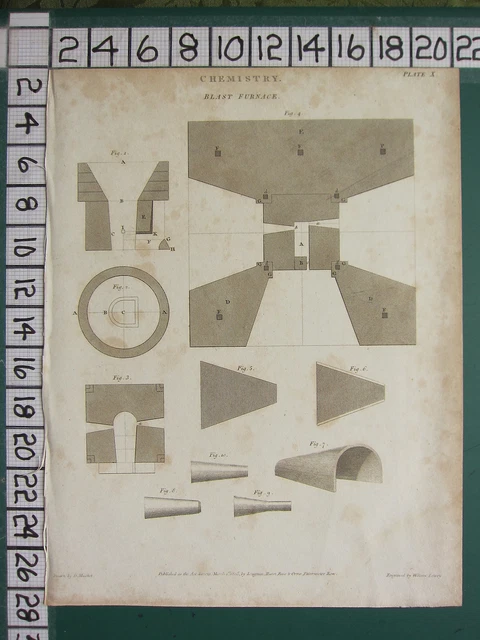 1805 Dated Antique Print ~ Chemistry Blast Furnace Various Apparatus