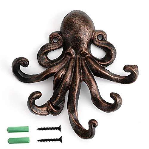 6 Inch Cast Iron Octopus Decorative Coat Hook - Wall Mounted Nautical Hand Towel