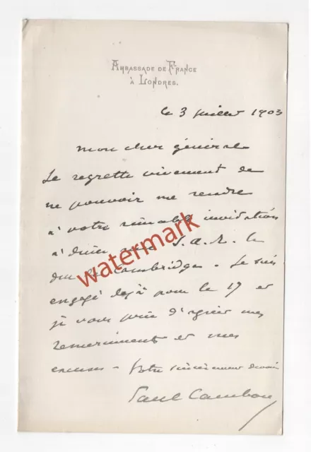 Paul Cambon, French diplomat, ambassador to London, autograph letter, 1903