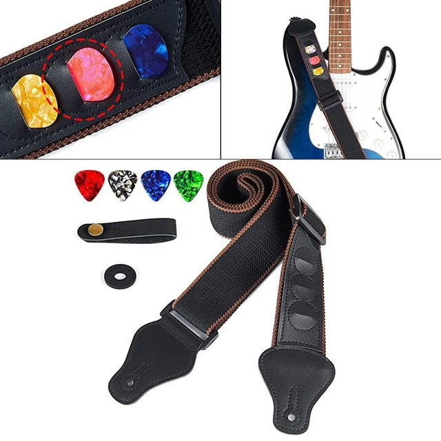 Set Accessoires Guitare - 10 Pics, Sangle Coton Brodée, Embouts Cuir - Pour Guitare Basse, Acoustique