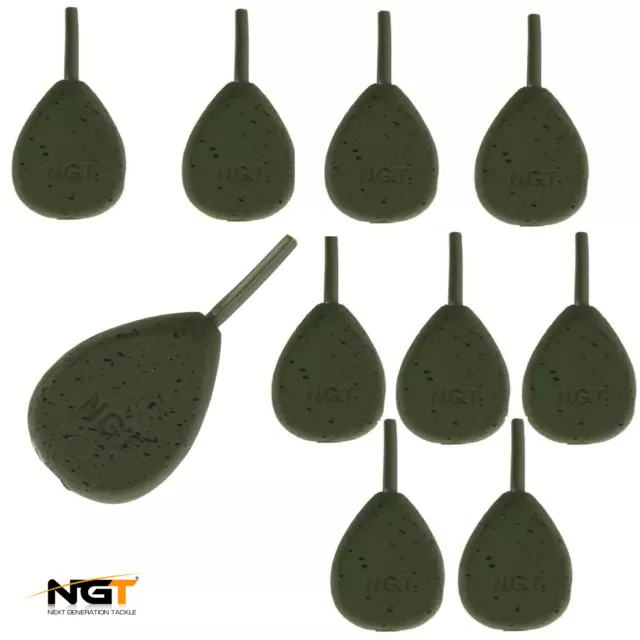 NGT INLINE LEADS CARP FISHING WEIGHTS x 10 - GREEN COATED 1.1 - 3.0oz  LEDGERS