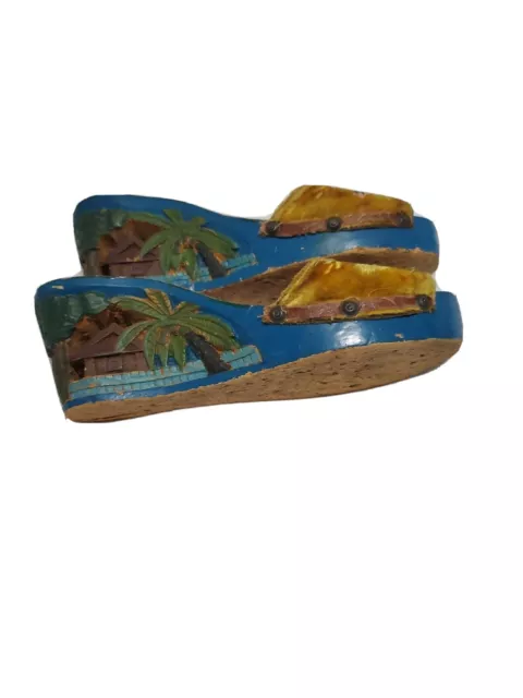 1940s WWII Pair Ornate Womans Hand Carved Wooden Shoes Phillippines "6"