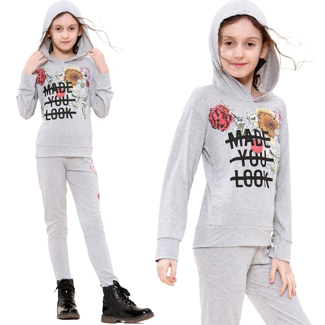 Top Bambina Fatto You Look Stampa Maniche Lunghe Grigio Cappuccio & Leggings Set
