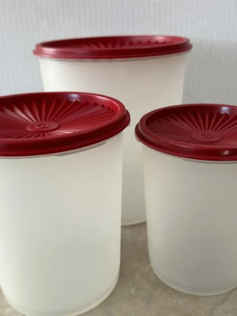 Vtg Set 3 Tupperware Clear Nesting Canisters Red Lids 805-5, 809-5, 811-3