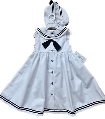 NWT Good Lad 2 pc Garment Set Girls 6 Sailor Dress w Cap White /Navy 100% Cotton 2