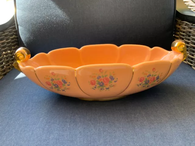 Vintage Abingdon 532 Pottery Large Console Bowl Pink Peach Floral Decal 1940’s