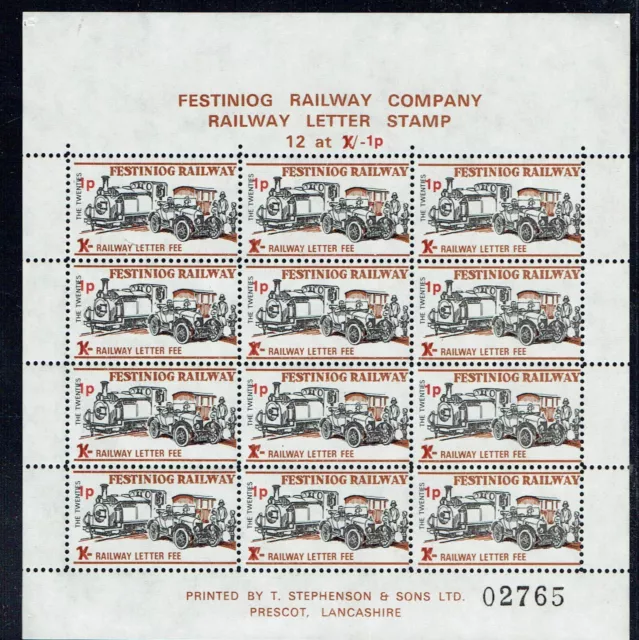 Festiniog Railway 1973 1p on 1/= railway Letter stamp complete sheet - Rare