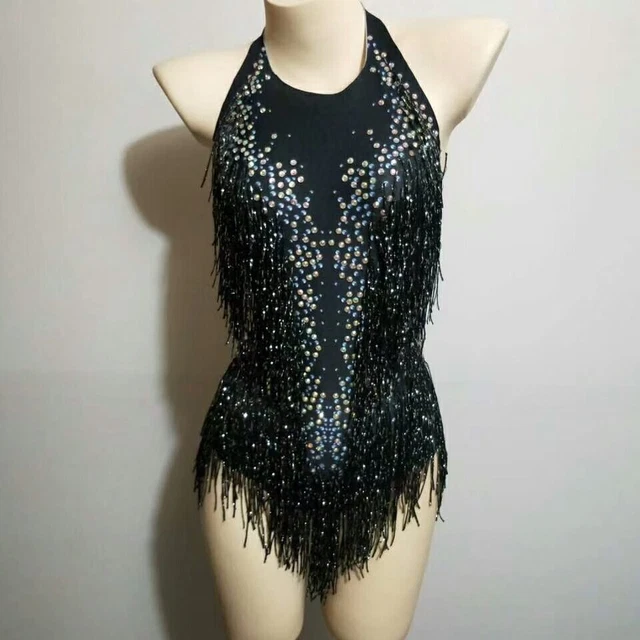 Sparkly Tassel Bodysuit Women Rhinestones Performance Costume One-piece Clothing