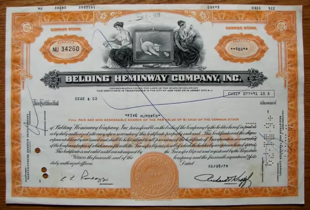 Usa 1979 Certificate 500 Shares In The Belding Heminway Company Inc  Of Delaware