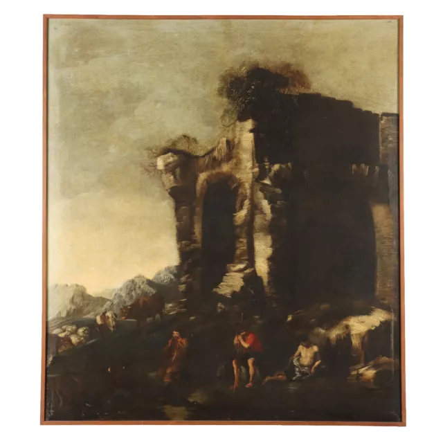 Quadro Antico Restaurato con Cornice Dipinto Paesaggio Olio su Tela XVIII Secolo