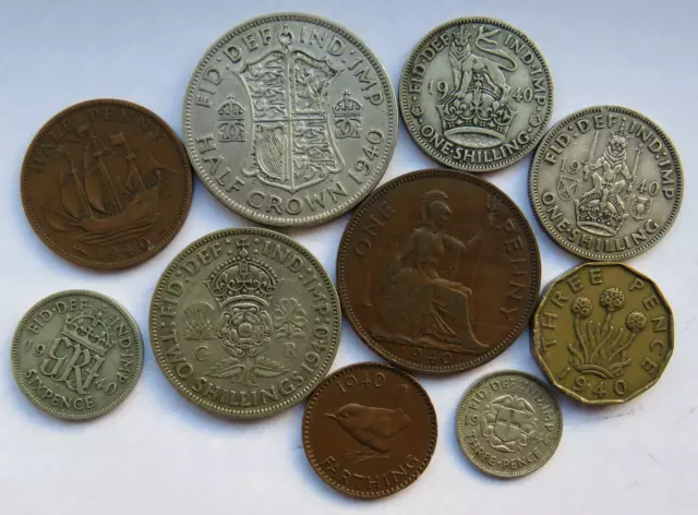 1940 King George VI 10 Coin Year Set Halfcrown - Farthing Great Britain 2