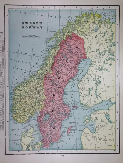 Old (11x14) 1899 Cram's Atlas Map ~ SWEDEN - NORWAY ~ Free S&H  ~Inv#520