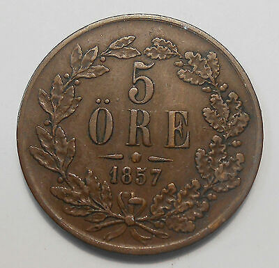 Sweden 1857 5 Ore VF-XF ** Beautiful HIGH Grade Oscar I LOW Mintage Bronze Coin