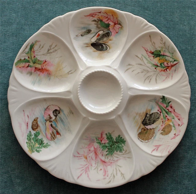 Antique French Limoges Charles Ahrenfeldt Oyster Plate, Hand Painted Sea Life
