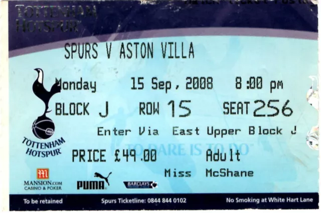 TICKET STUB - TOTTENHAM v ASTON VILLA - 15/09/2008