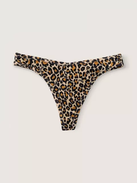 Victoria's Secret PINK Cotton  V-Thong Panty Brown Logo Leopard  Size L NWT