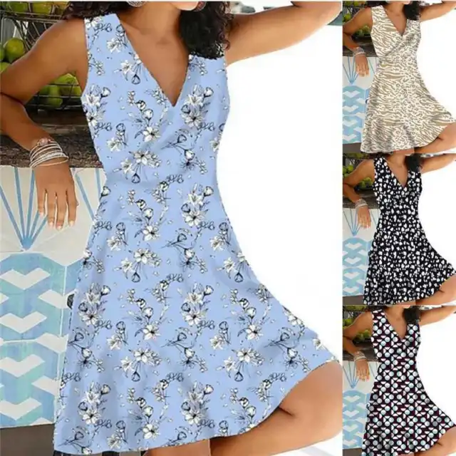 Womens Summer Holiday Beach Mini Dress Ladies Floral V Neck Sleeveless Sundress