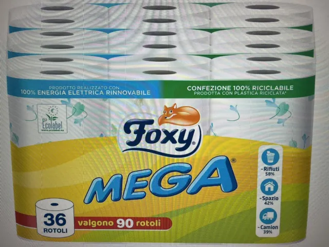 Foxy Mega, Carta igienica 36 rotoli, 480 strappi, Decorata, 100% Energia  elettrica rinnovabile