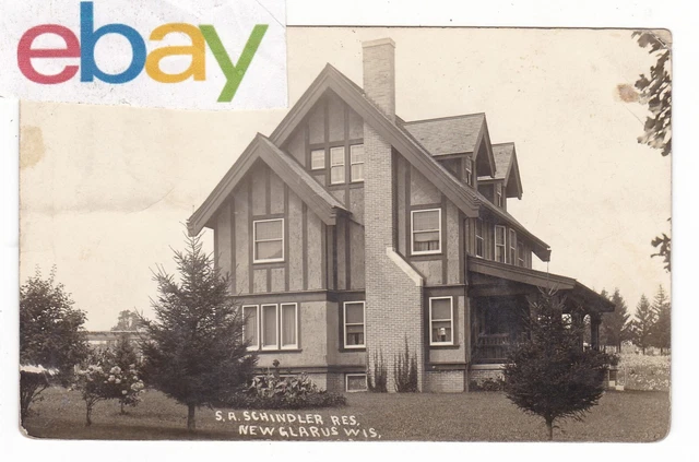 1913 Rppc New Glarus Wisconsin Craftsman Home Old Postcard Wi Brooklyn Hoesly !!