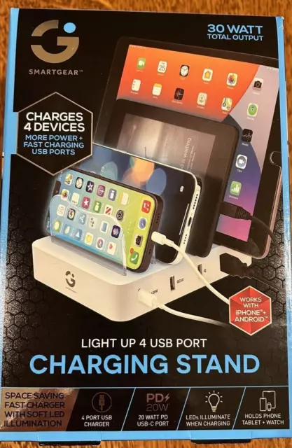 SMARTGEAR Light Up 4 Port USB Charging Stand  Output. Android, Apple-Brand New