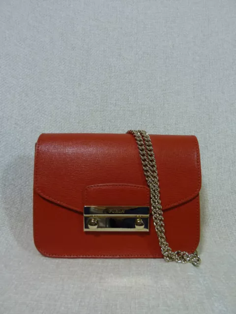 NWT FURLA Maple Orange Saffiano Leather Mini Julia Chain Cross body Bag $328