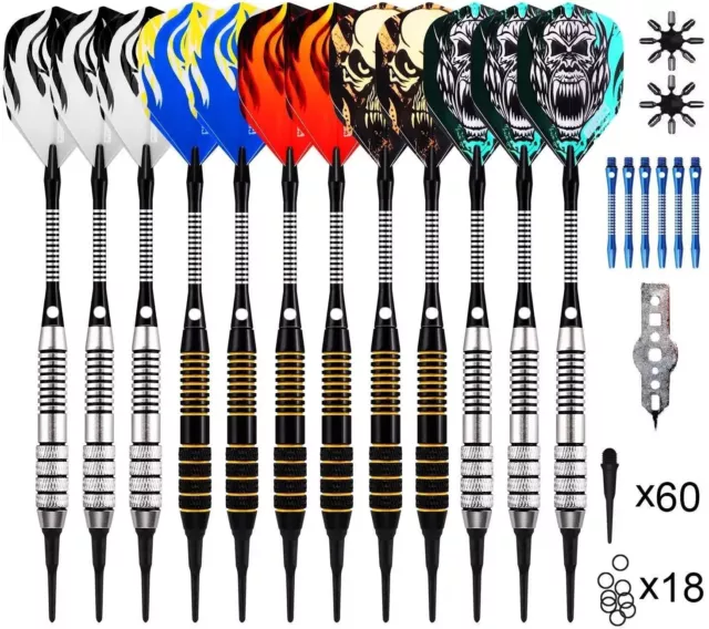 12X Dartpfeile Set 60 Dartspitzen Soft-Dartpfeile 30 Flights mit 8 ALU schäfte 2